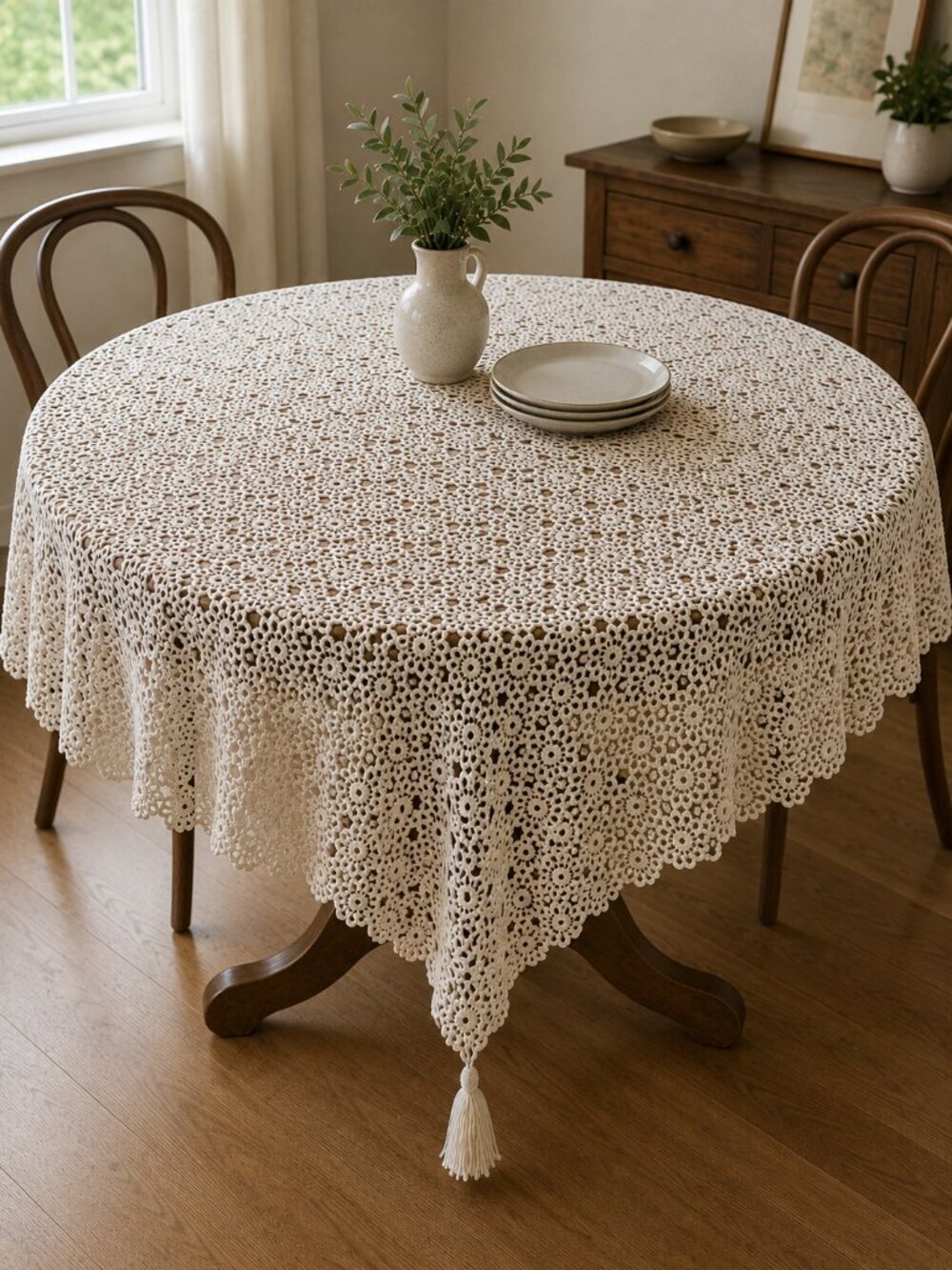 Vintage Crochet Tassel Detail Large Table Cloth